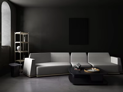 Minimalist Gray Sofa And Black Coffee Table Set In Modern Dark Interior Design 3d model