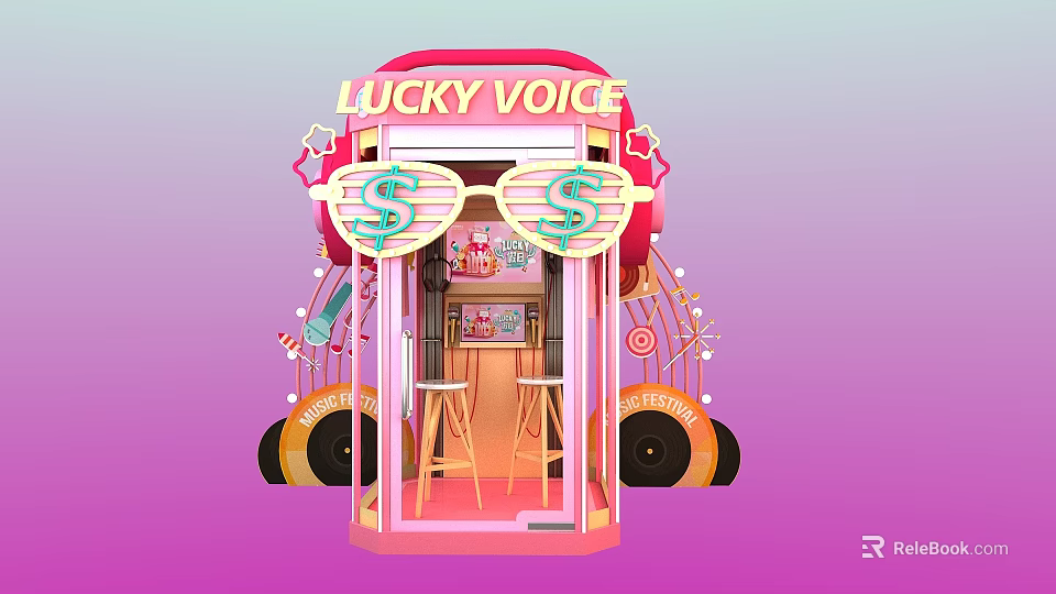 Lucky Voice Pink Recording Booth With Sunglasses Dollar Signs Microphone And Vinyl Records 3d model 
