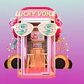 Lucky Voice Pink Recording Booth With Sunglasses Dollar Signs Microphone And Vinyl Records