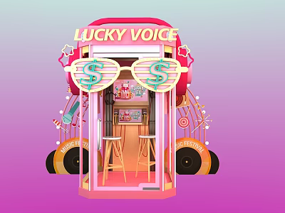Lucky Voice Pink Recording Booth With Sunglasses Dollar Signs Microphone And Vinyl Records 3d model