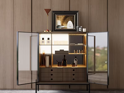 Wine Cabinet With Open Glass Doors Wooden Design Decorative Framed Picture And Bottles Inside 3d model