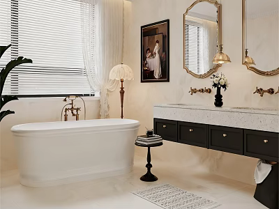 Elegant Bathroom Interior With White Bathtub Black Vanity Marble Countertop And Gold Fixtures 3d model