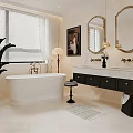 Elegant Bathroom Interior With White Bathtub Black Vanity Marble Countertop And Gold Fixtures