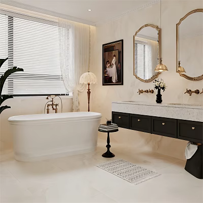 Elegant Bathroom Interior With White Bathtub Black Vanity Marble Countertop And Gold Fixtures 3d model