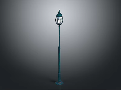 Green Vintage Street Lamp With Glass Shade And Tall Metal Pole 3d model