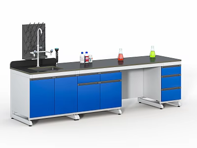 Laboratory Lab Bench With Blue Cabinets Black Countertop Faucet Reagent Bottles And Erlenmeyer Flasks 3d model