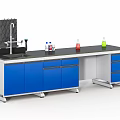 Laboratory Lab Bench With Blue Cabinets Black Countertop Faucet Reagent Bottles And Erlenmeyer Flasks