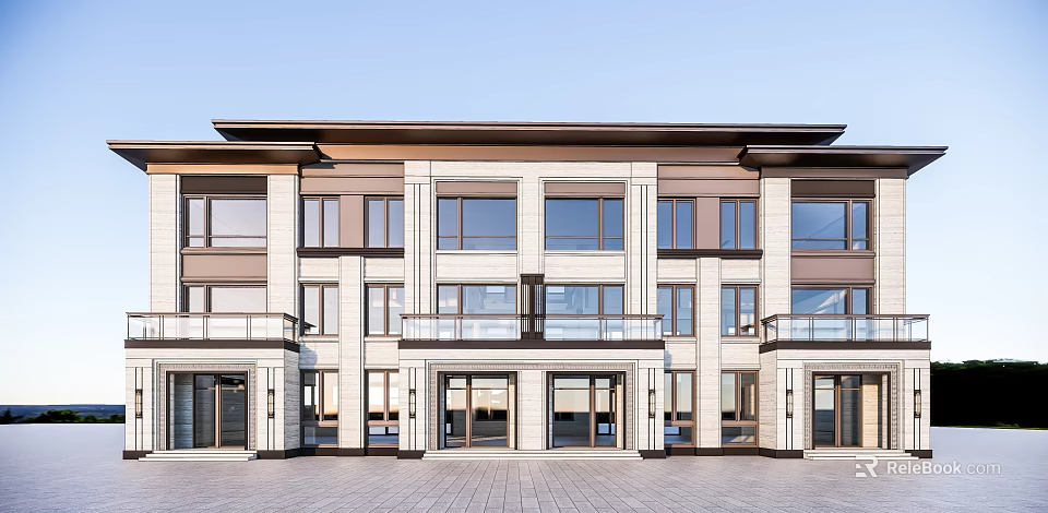 Modern Style Duplex Villa Exterior Design With Large Windows Glass Balconies And Stone Facade 3d model 