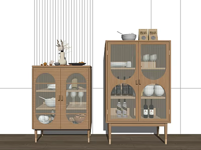 Wooden Sideboard Cabinet With Glass Doors Holding Bowls Glasses And Wine Bottles 3d model