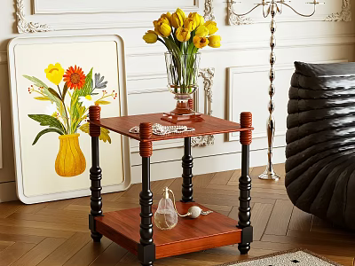 Two Tier Wooden Side Table With Black Legs Yellow Flowers And Decorative Painting 3d model