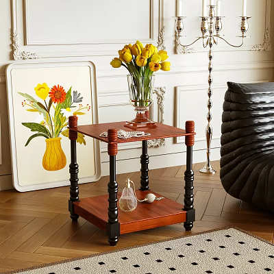 Two Tier Wooden Side Table With Black Legs Yellow Flowers And Decorative Painting 3d model
