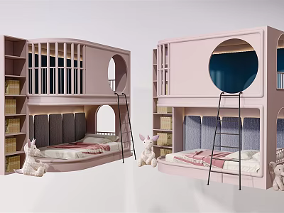 Modern Kids Bunk Bed With Round Window Design Built-in Bookshelves Ladder And Stuffed Bunnies 3d model