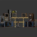 Wooden Speakers In Various Colors With Hammer And Shelf