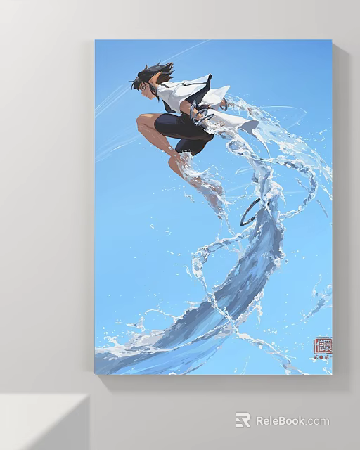 Figure Painting with Dynamic Water Splashes Blue Sky Background Jumping Character Holding Circular Ring 3d model 