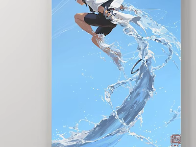 Figure Painting with Dynamic Water Splashes Blue Sky Background Jumping Character Holding Circular Ring 3d model