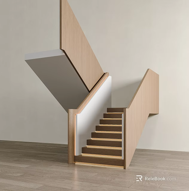 Modern Wooden Staircase with Steps Handrail and Lighting Against White Wall and Wooden Floor 3d model 