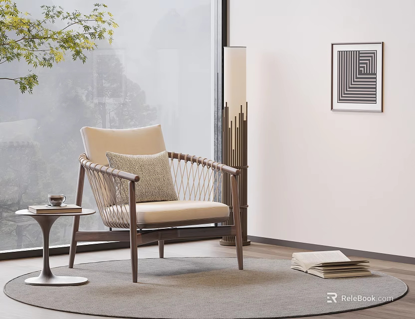 Leisure Chair Rattan Wooden Frame Cushion Side Table Floor Lamp Geometric Wall Art Natural Light 3d model 
