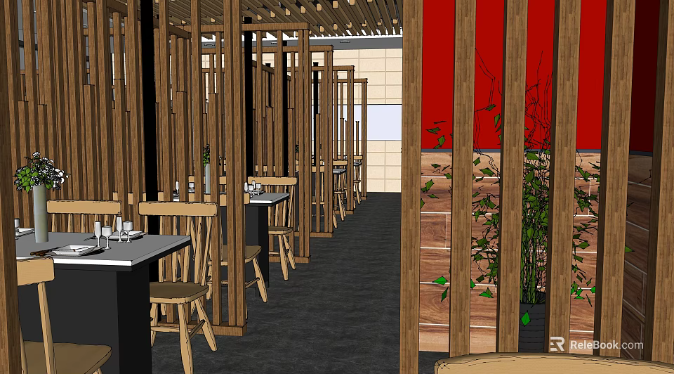 Traditional Hotpot Restaurant Interior With Wooden Partitions Red Walls And Green Plants 3d model 