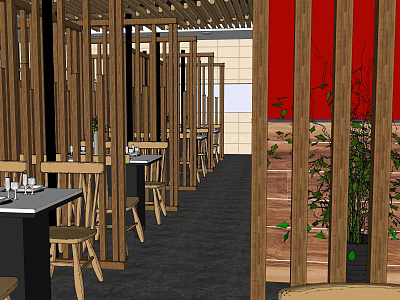 Traditional Hotpot Restaurant Interior With Wooden Partitions Red Walls And Green Plants 3d model