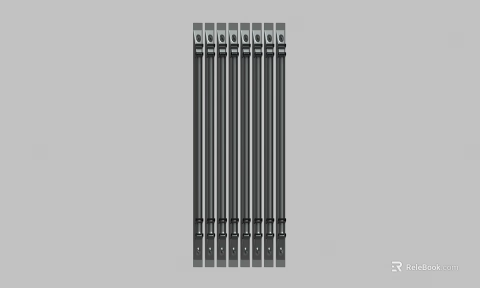 Black Long Metal Bars With End Holes Arranged In Row On Gray Background 3d model 