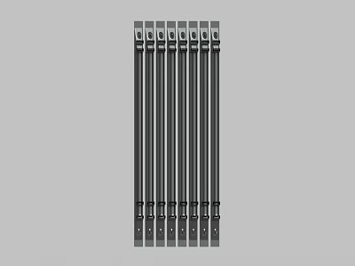 Black Long Metal Bars With End Holes Arranged In Row On Gray Background 3d model