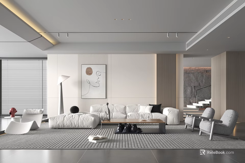 Modern Living Room Interior With Abstract Face Painting White Sofa Gray Geometric Rug And Floor Lamp 3d model 