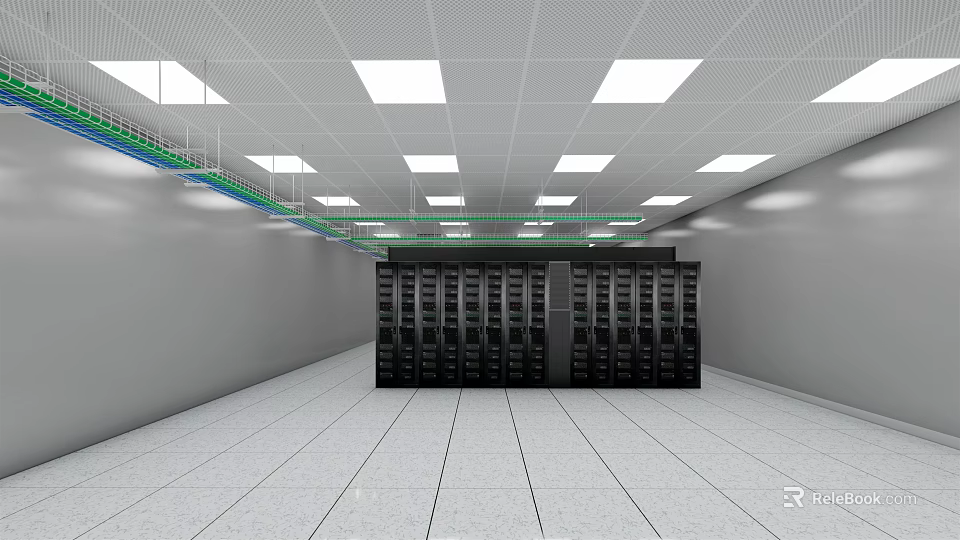Data Center Room With Server Racks Ceiling Lights And Green Cables 3d model