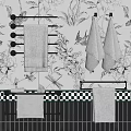 Bathroom Interior With Black And White Floral Wall Towel Racks And Checkered Border