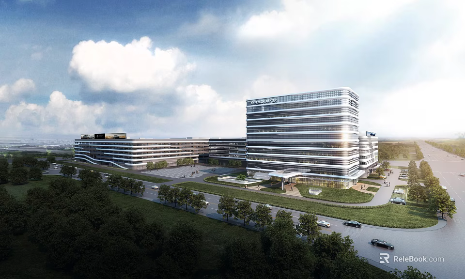 Modern Industrial Factory Exterior With Multi Storey Glass Building And Green Surroundings 3d model 
