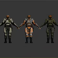Three Characters In Different Colored Armor Suits With Helmets And Protective Gear