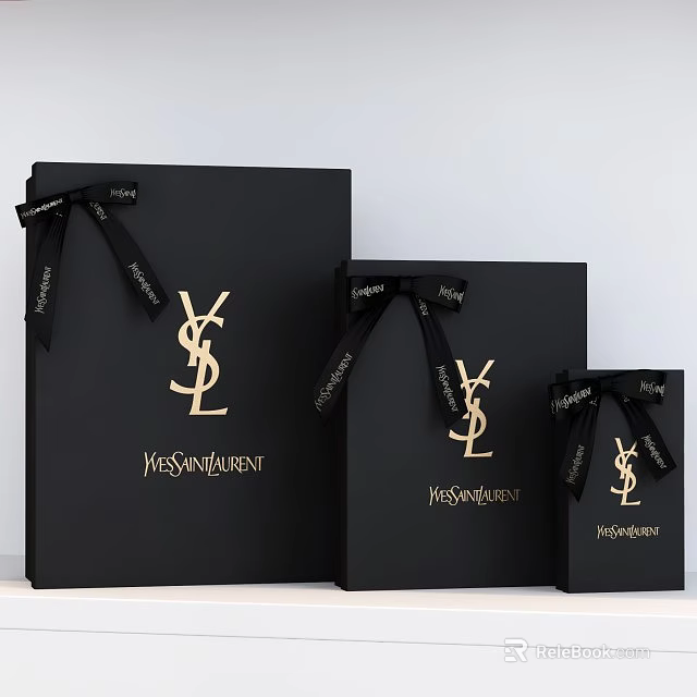 Yves Saint Laurent Black Gift Box Set With Gold Logo Bow Ribbon Three Sizes 3d model 