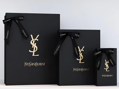 Yves Saint Laurent Black Gift Box Set With Gold Logo Bow Ribbon Three Sizes 3d model