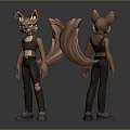 Anthropomorphic Fox Character Design With Crop Top Ripped Pants And Sneakers Front Back View