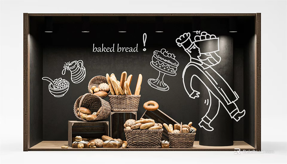 Bakery Window Display with Baked Bread in Woven Baskets and Chalkboard Drawings Cake and Baker 3d model 
