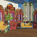 Ornate Red Bookcase In Classic Interior With Gold Accents Glass Doors Books And Plants