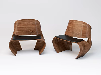 Pair of Modern Wooden Leisure Chairs with Curved Design and Black Seats 3d model