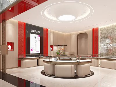 Luxurious Jewelry Store Interior With Red And Beige Decor Circular Display Counter And Elegant Lighting 3d model