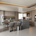 Modern Open Kitchen Interior Design With Island Counter Cabinets And Dining Chairs 3d model