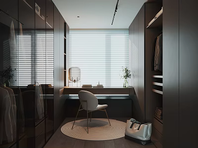 Modern Walk in Closet Interior With Dark Cabinets Mirror Desk White Chair And Round Rug 3d model