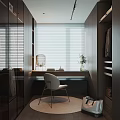 Modern Walk in Closet Interior With Dark Cabinets Mirror Desk White Chair And Round Rug