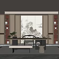 Elegant Modern Tea Room Interior With Landscape Painting And Wooden Tea Table