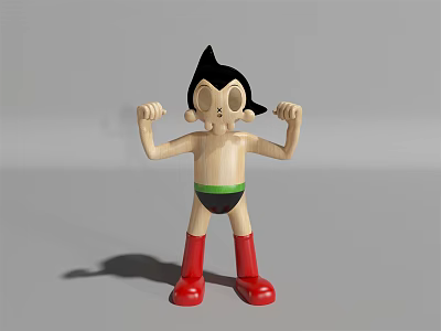 Doll With Black Hair Large Eyes Raised Arms Green Shorts Red Boots On Gray Background 3d model