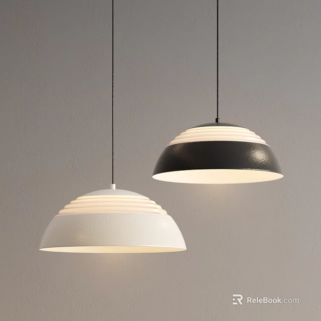 Modern Black And White Pendant Lights With Ribbed Dome Design 3d model 