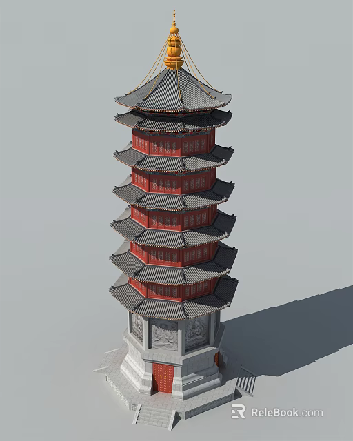 Traditional Chinese Pagoda Architectural Design With Multiple Stories Red Structure And Gray Stone Base 3d model 