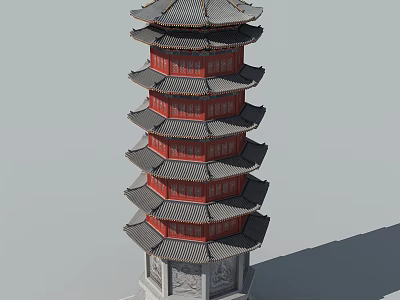 Traditional Chinese Pagoda Architectural Design With Multiple Stories Red Structure And Gray Stone Base 3d model