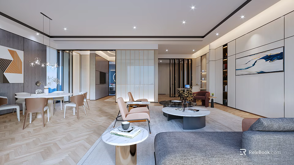 Modern Living and Dining Room Interior With Open Layout Sofa Dining Table And Lighting 3d model