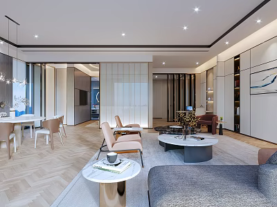 Modern Living and Dining Room Interior With Open Layout Sofa Dining Table And Lighting 3d model