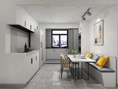 Modern Restaurant Interior With White Cabinets Dining Table Bench And Window View 3d model
