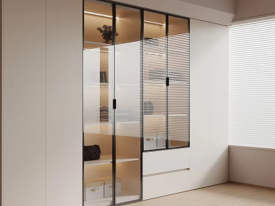Modern Wardrobe With Transparent Glass Doors White Cabinetry And Storage Shelves 3d model
