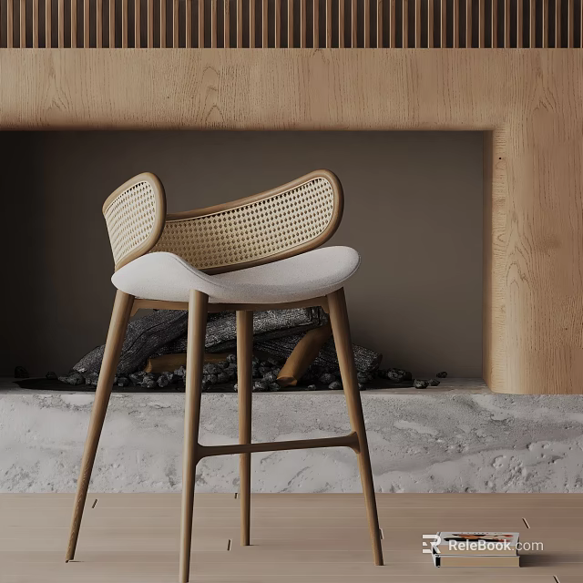 Modern Bar Stool With Wooden Frame Rattan Backrest And White Padded Seat 3d model 